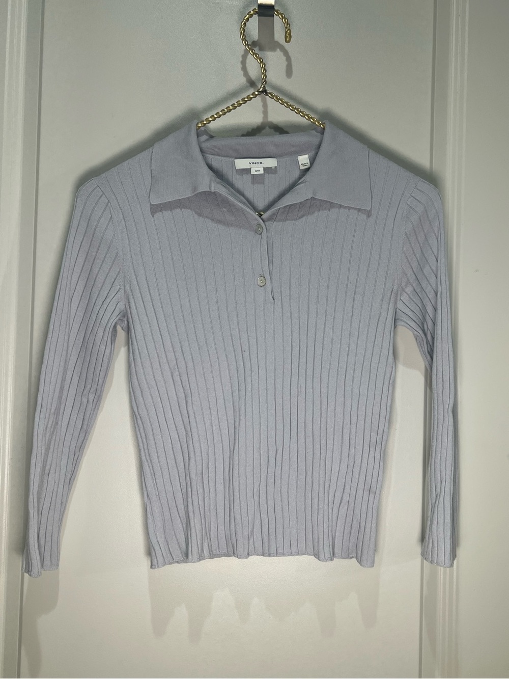 Vince Ribbed Wool Three Quarter Sleeve Polo Sweater Size M - Picture 2 of 5